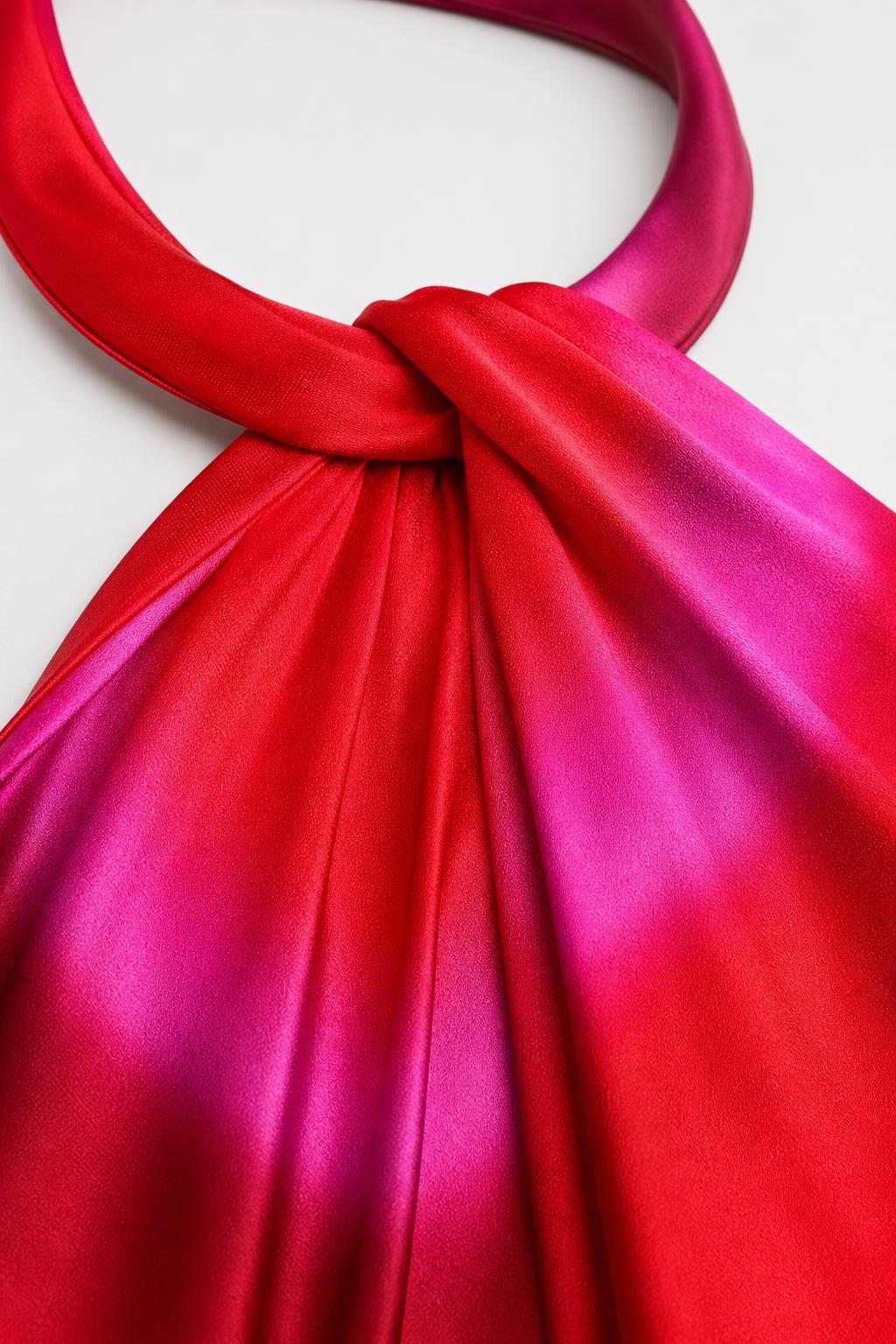 Close-up detail of the knotted halter neckline and silky fabric texture