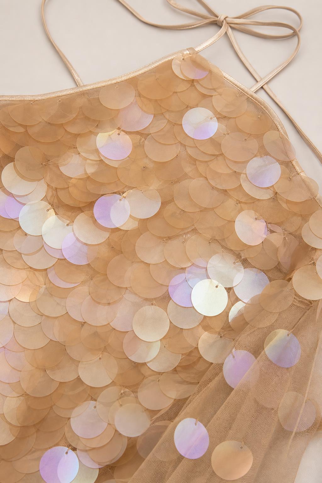 Close-up detail of oversized iridescent sequins on champagne mesh fabric