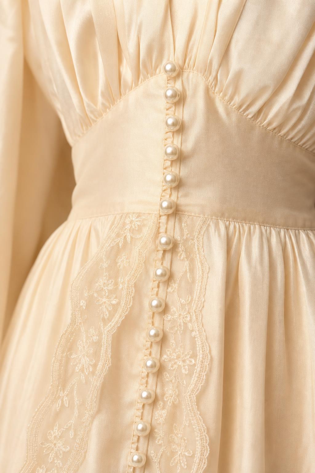 Close-up of pearl button placket and lace trim on cream dress