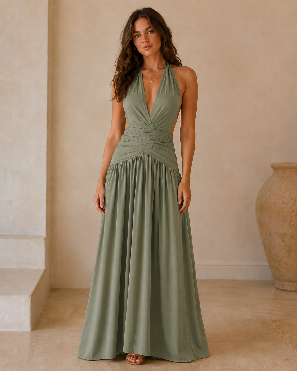 Sage green halter plunge maxi dress with gathered waist and fluid skirt front view