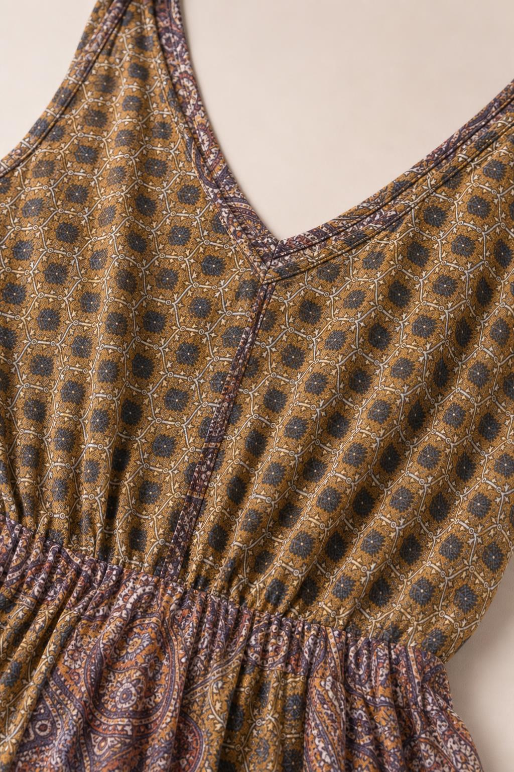 Close-up detail of the V-neckline and geometric print fabric