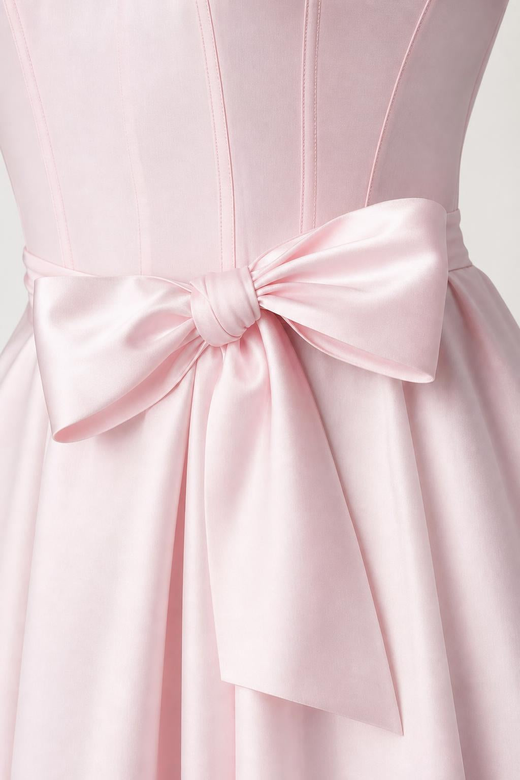 Close up of satin bow detail on pink midi dress