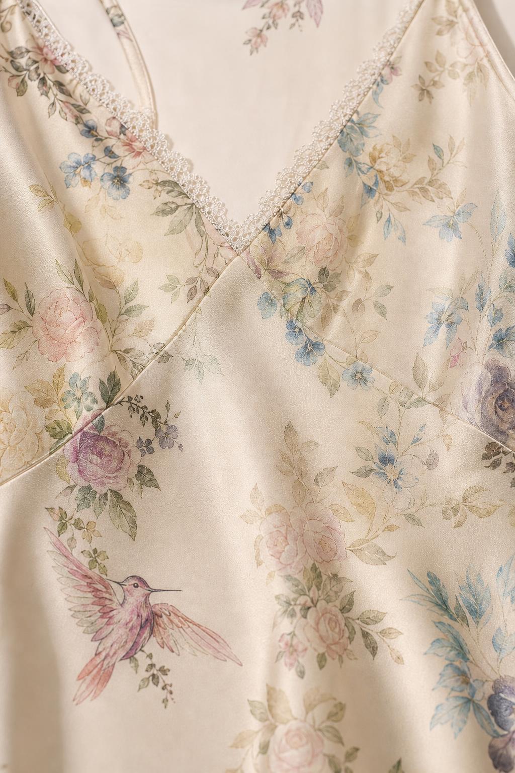 Close-up of V-neckline and fabric texture of champagne dress