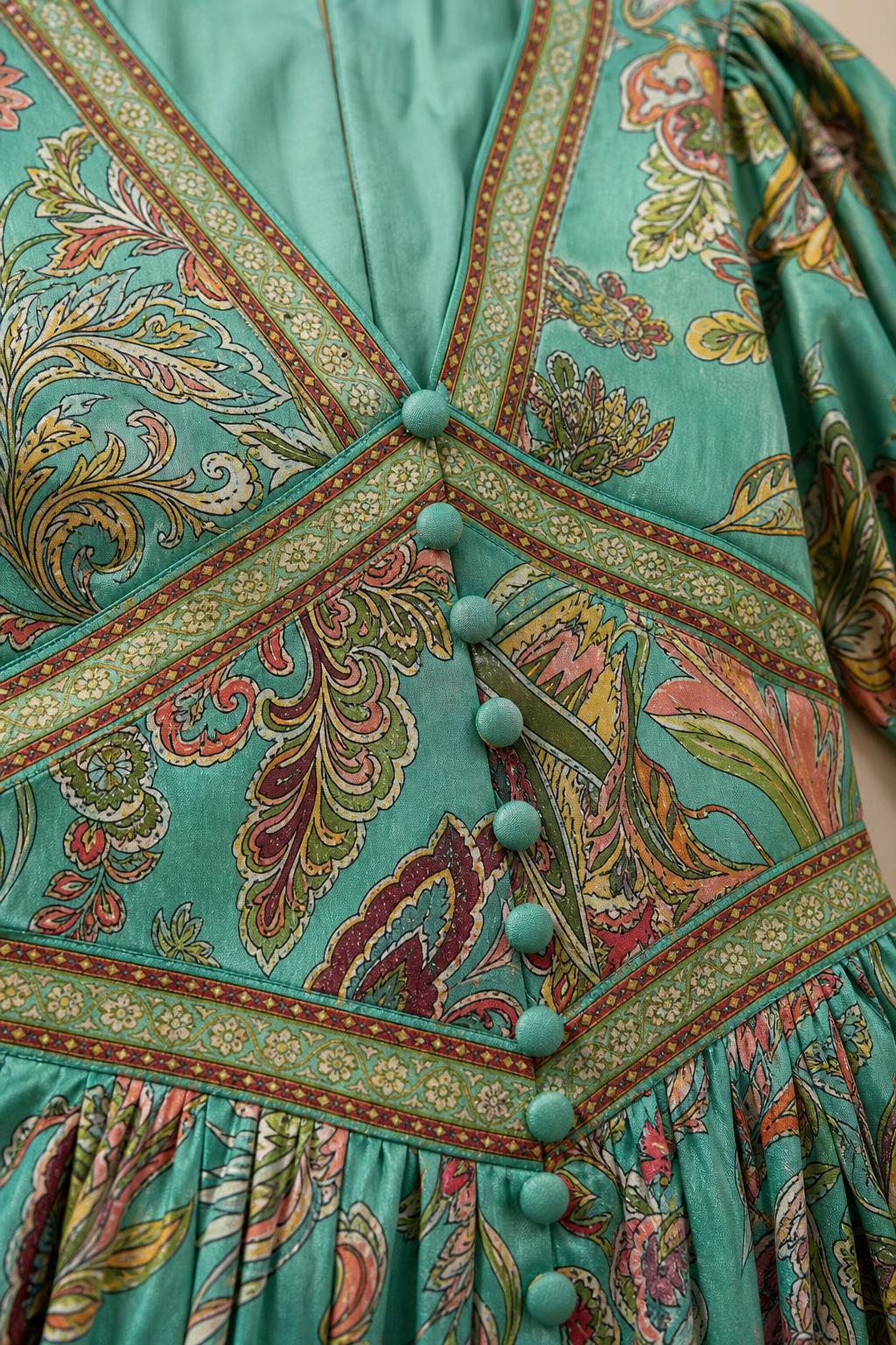 Close-up of V-neckline, buttons and fabric detail