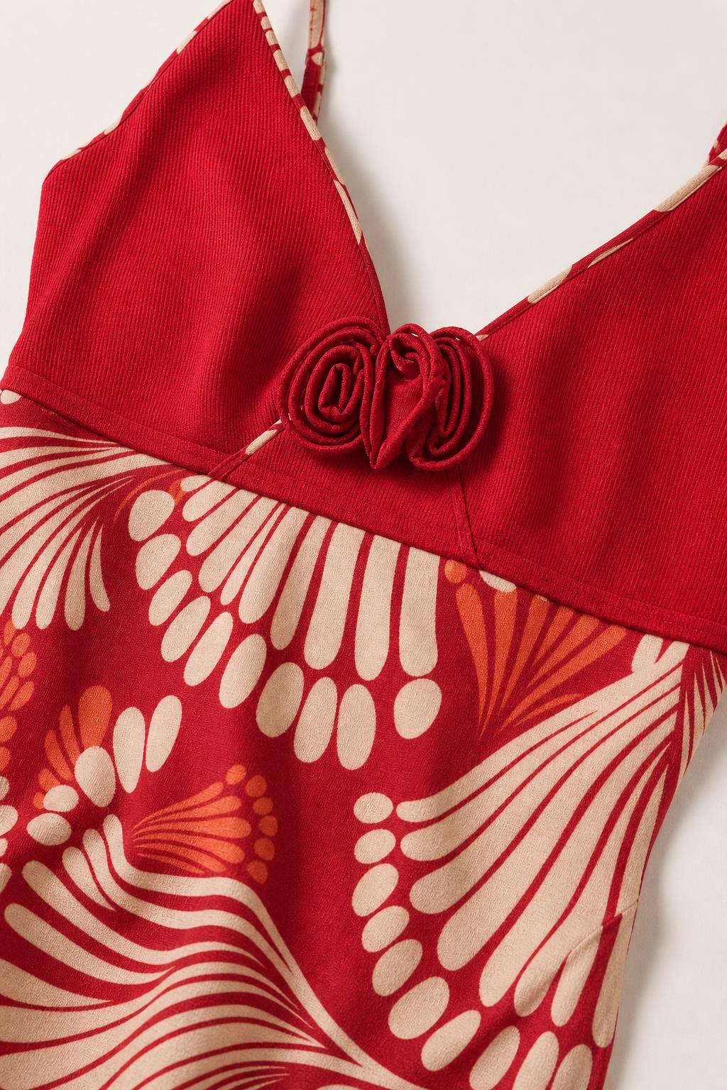 Close-up detail of bodice and floral pattern on Red dress