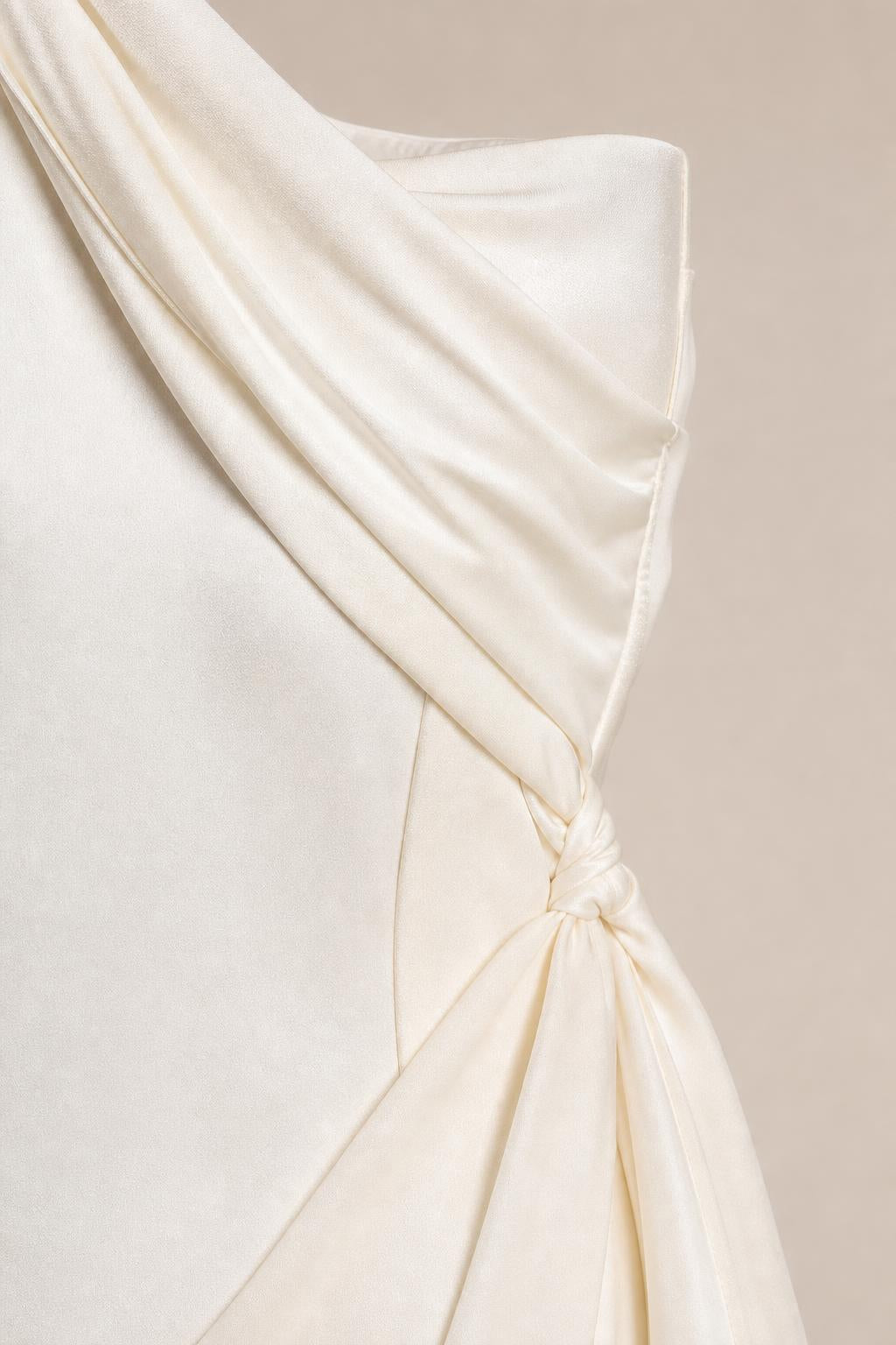 Close-up of fabric and side knot detail on Ivory dress
