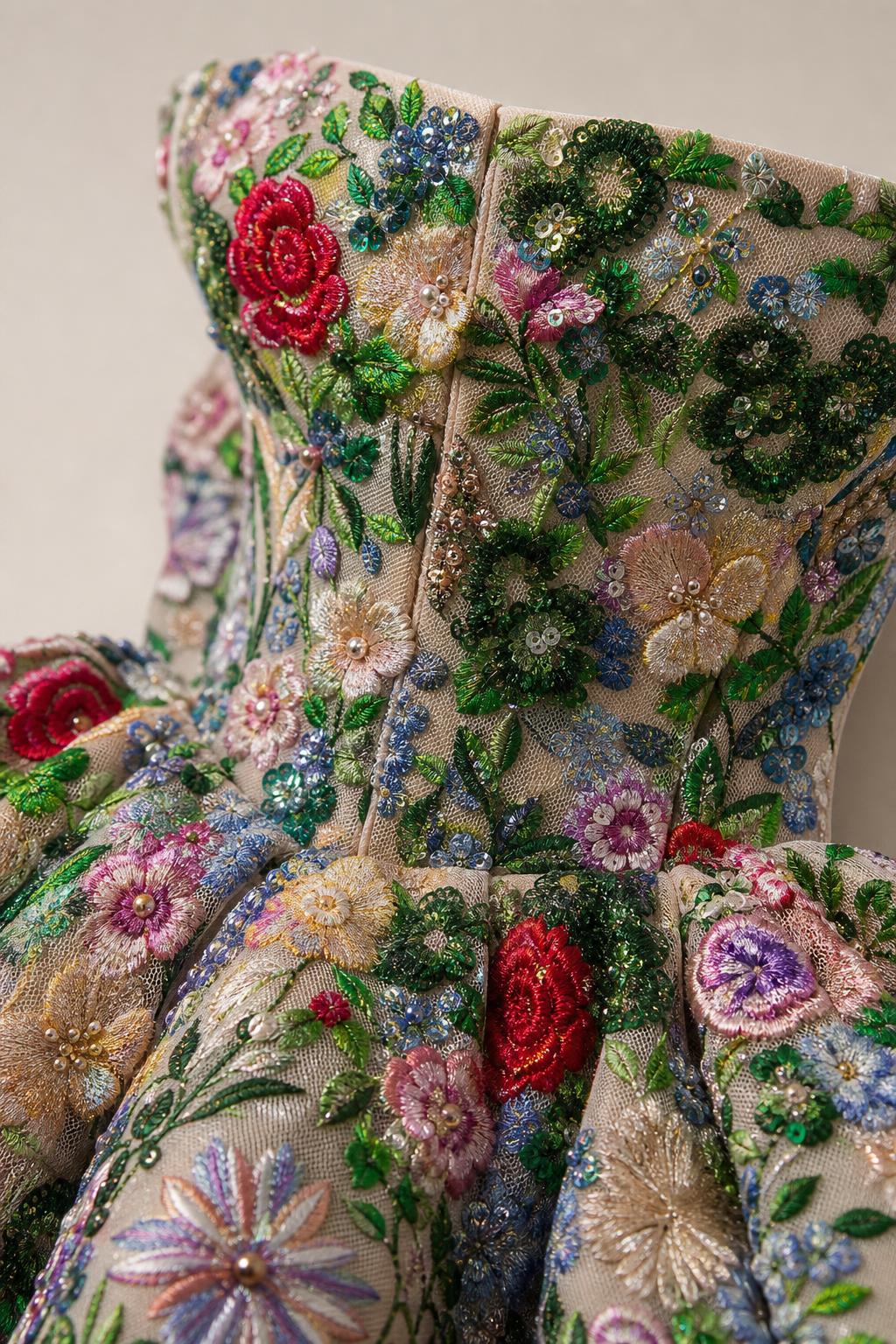 Close-up detail of colorful floral embroidery and sequins on bodice