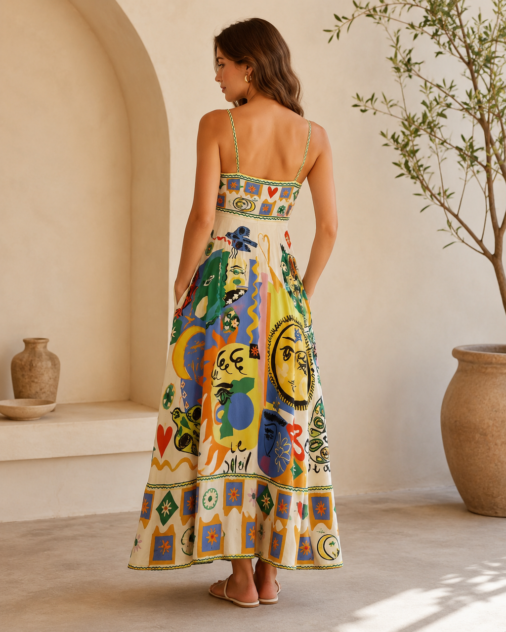 Back view of multicolor printed strappy maxi dress with slim shoulder straps
