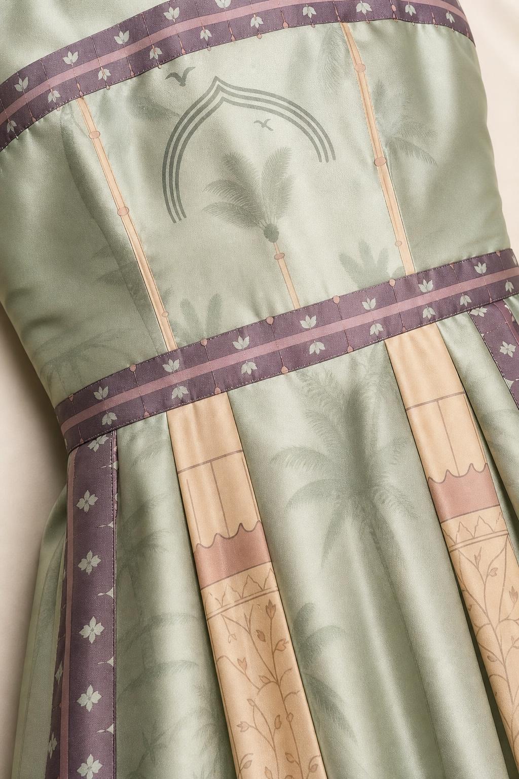 Close-up of printed pattern and fabric texture on Sage Green dress