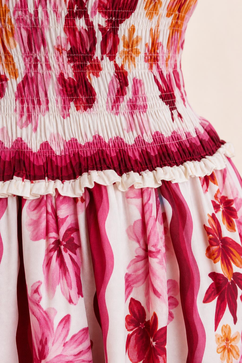 Close-up detail of smocked bodice and ruffle waist trim