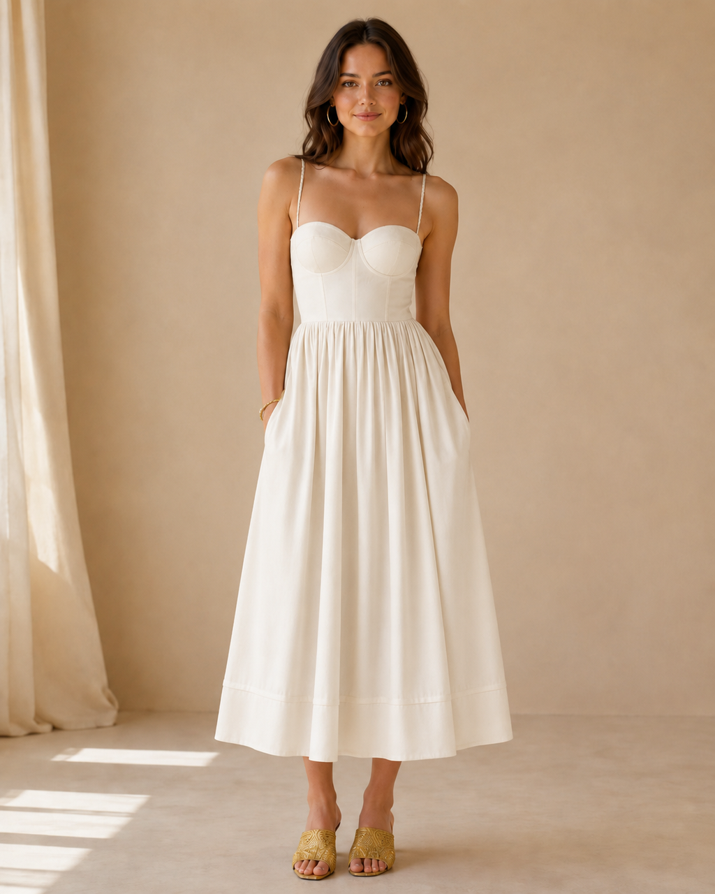 Ivory sweetheart bustier midi dress with pockets front view