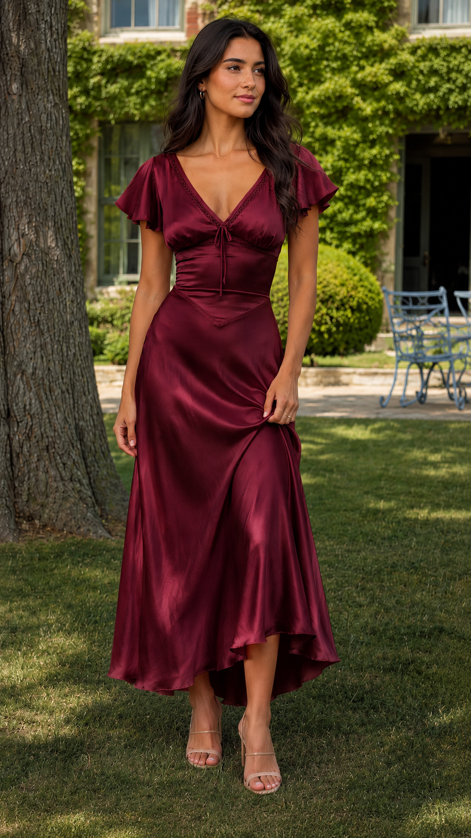 Burgundy satin-style midi dress with flutter sleeves and shaped waist front view