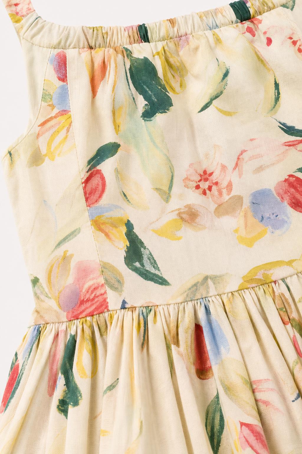 Close-up detail of cream floral print fabric and neckline