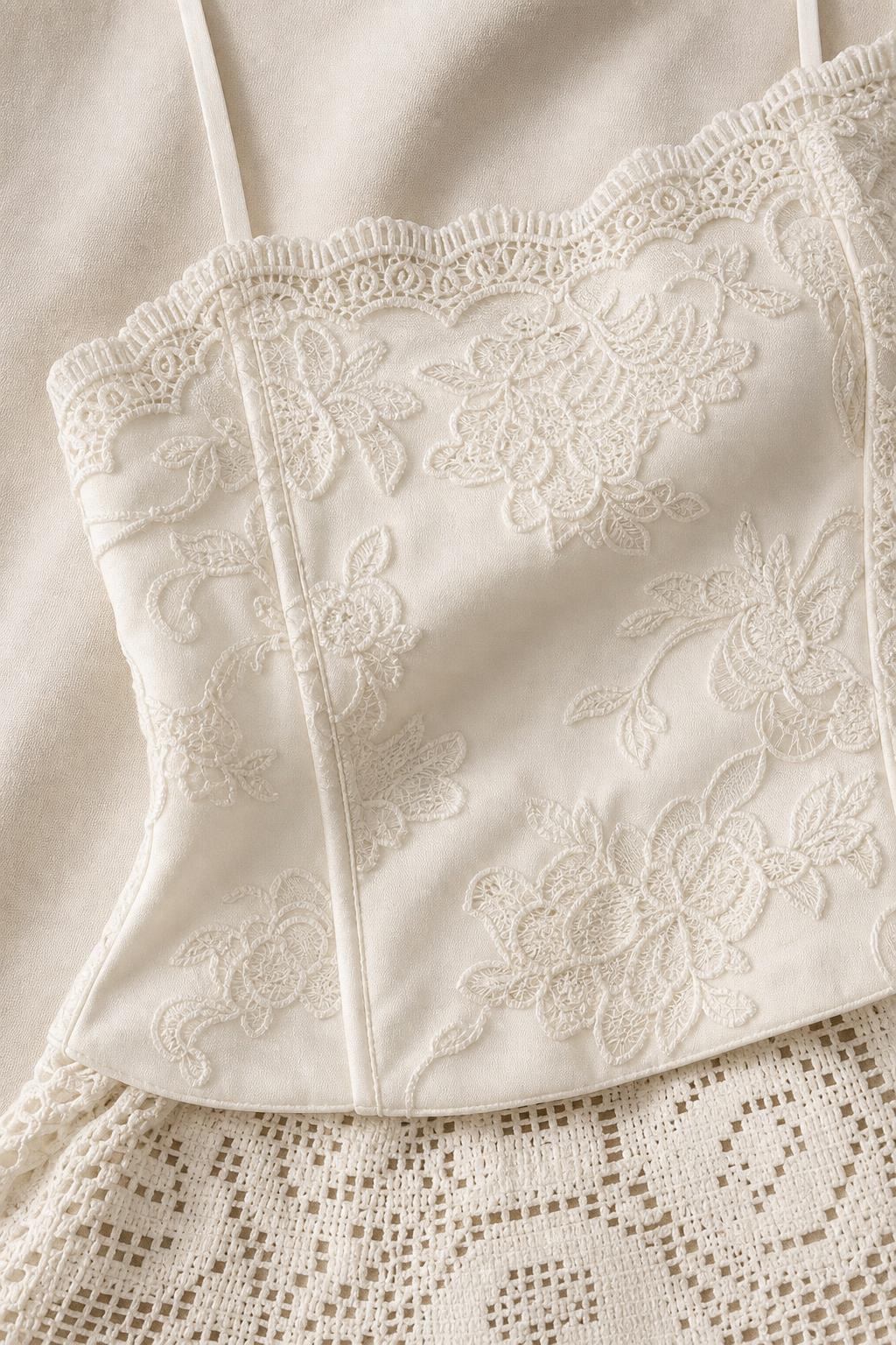 Close-up detail of white embroidered corset top and patterned lace fabric
