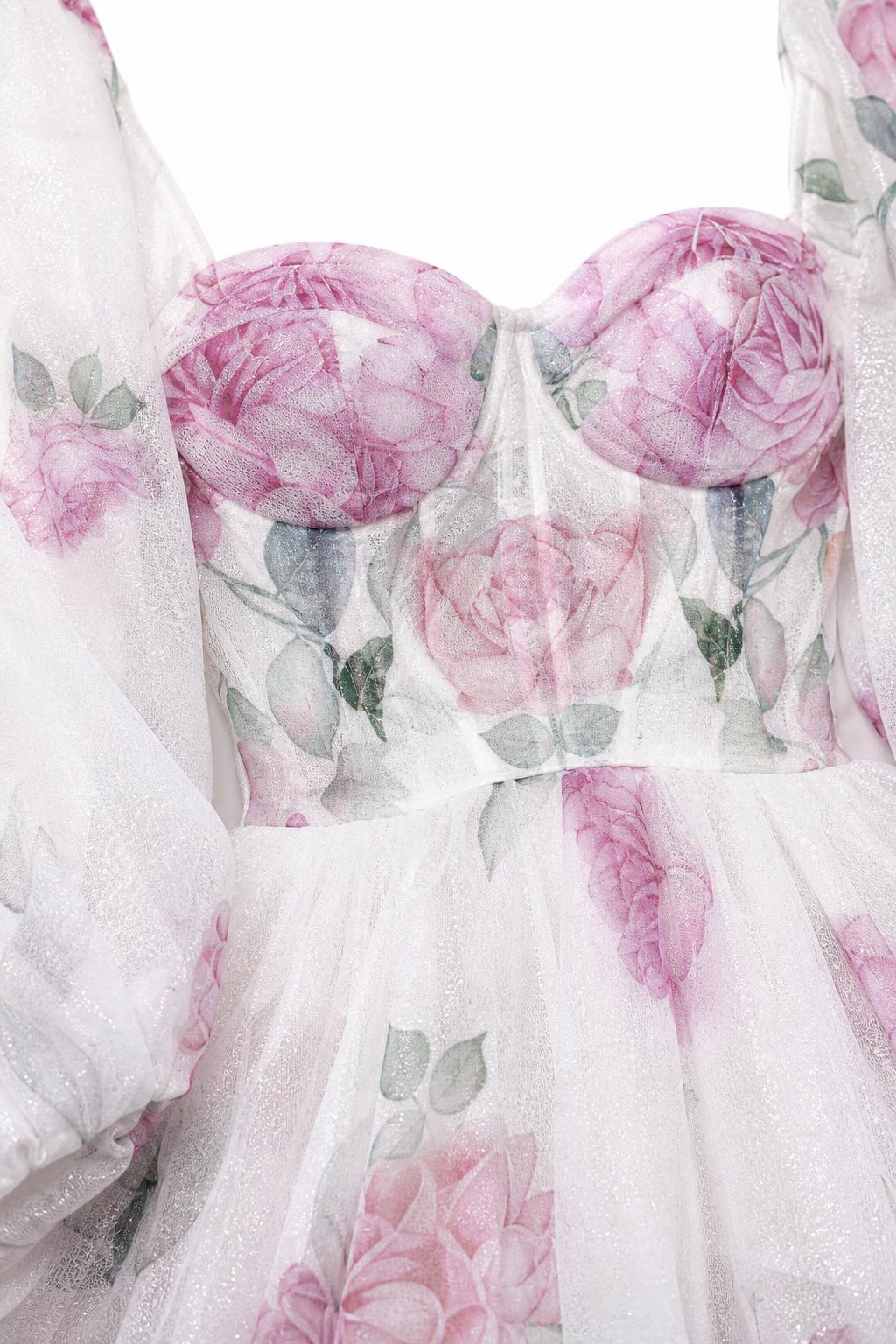 Close up of bodice and floral print