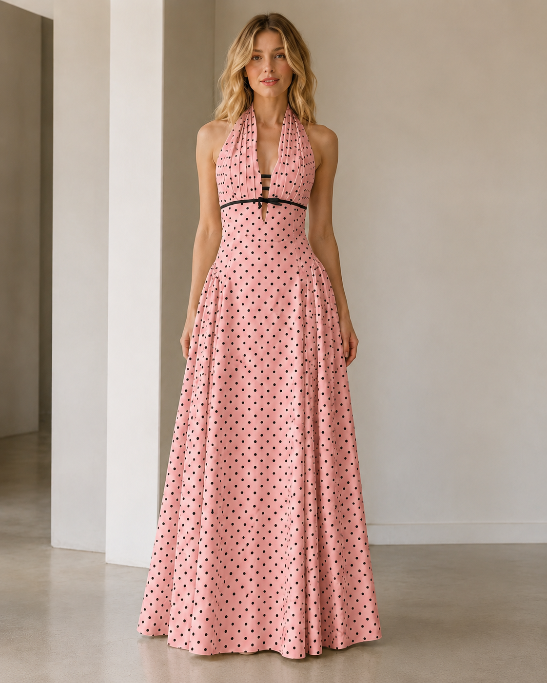 Front view of blush pink polka dot halter maxi dress