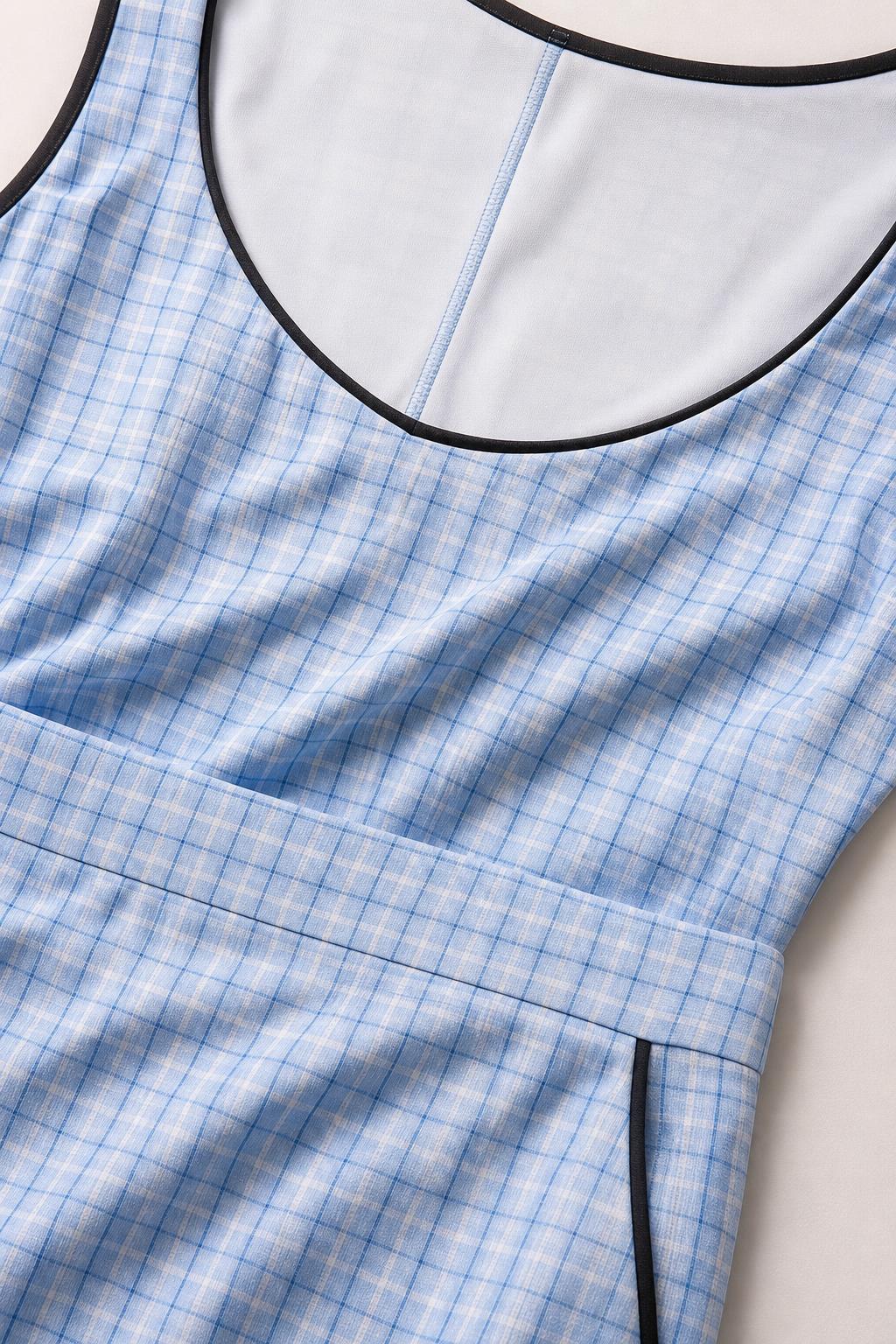 Close-up detail of scoop neckline and plaid fabric