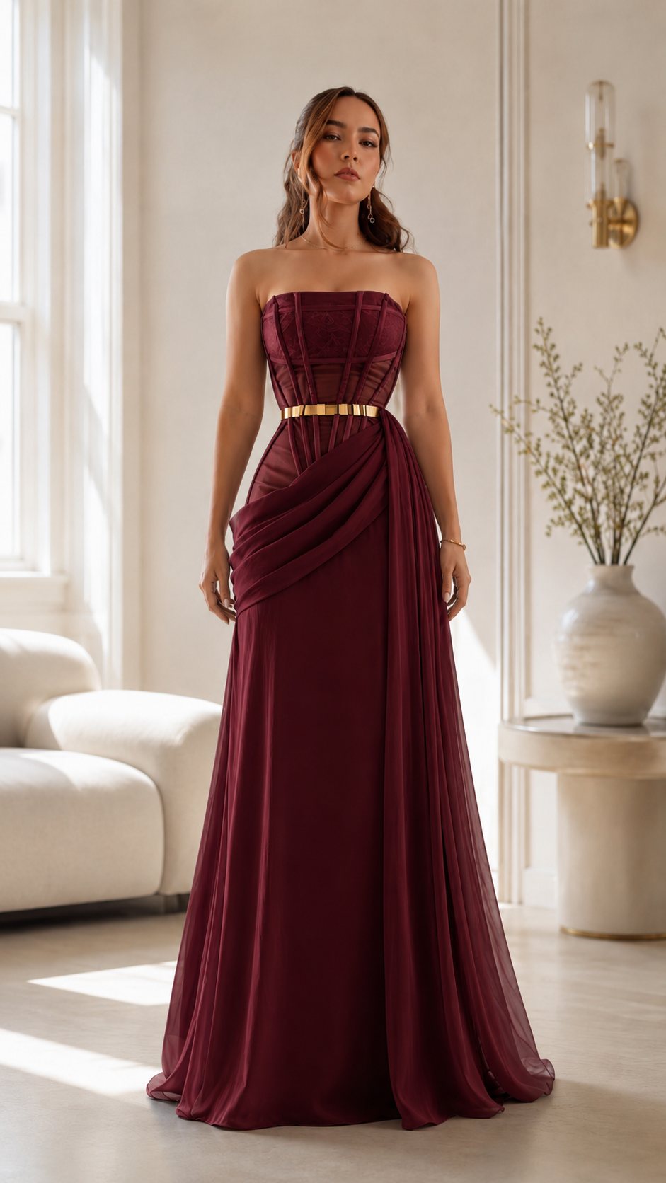 Burgundy strapless draped corset maxi evening dress front view
