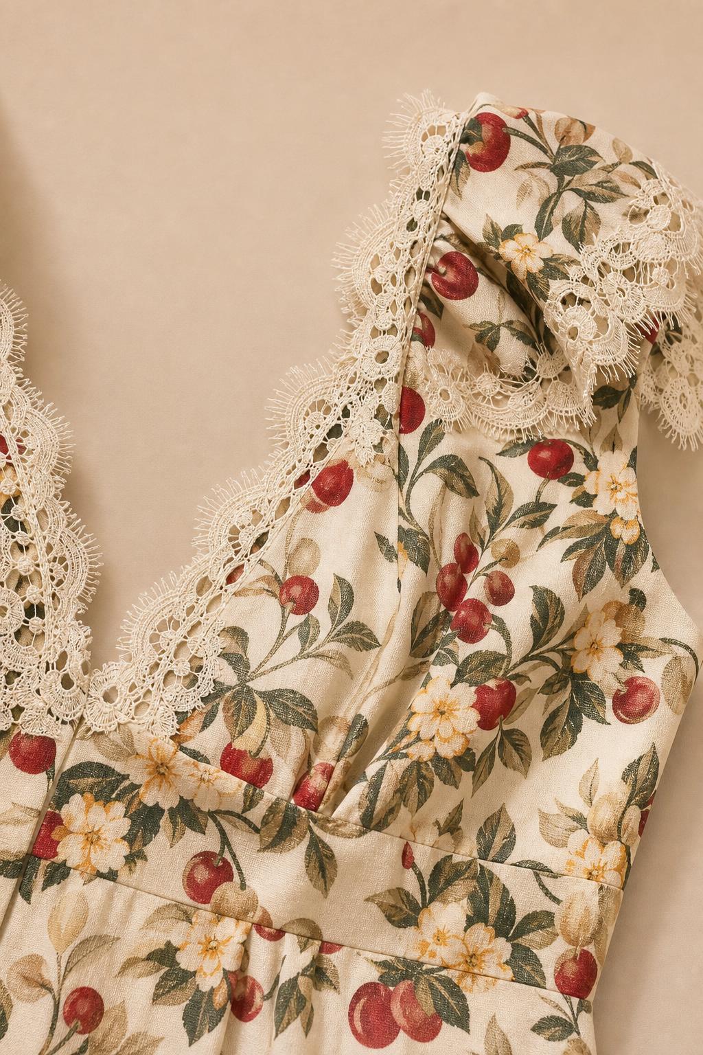 Close-up detail of lace trim and floral fabric pattern