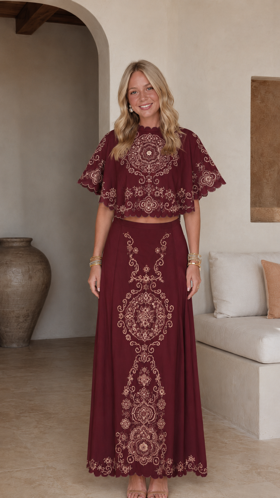 Burgundy embroidered crop top and maxi skirt set front view