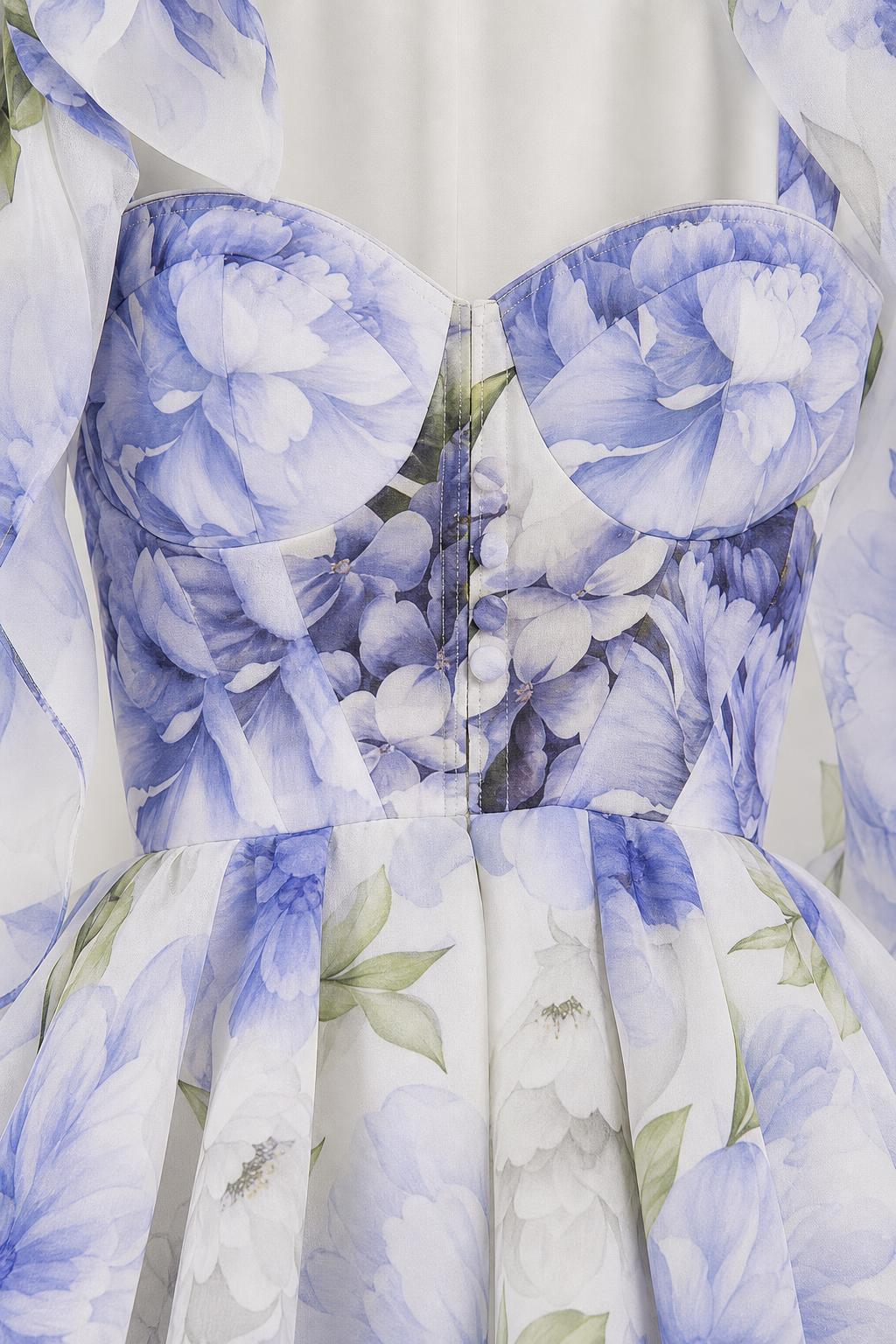 Close-up detail of the sweetheart neckline and floral print pattern