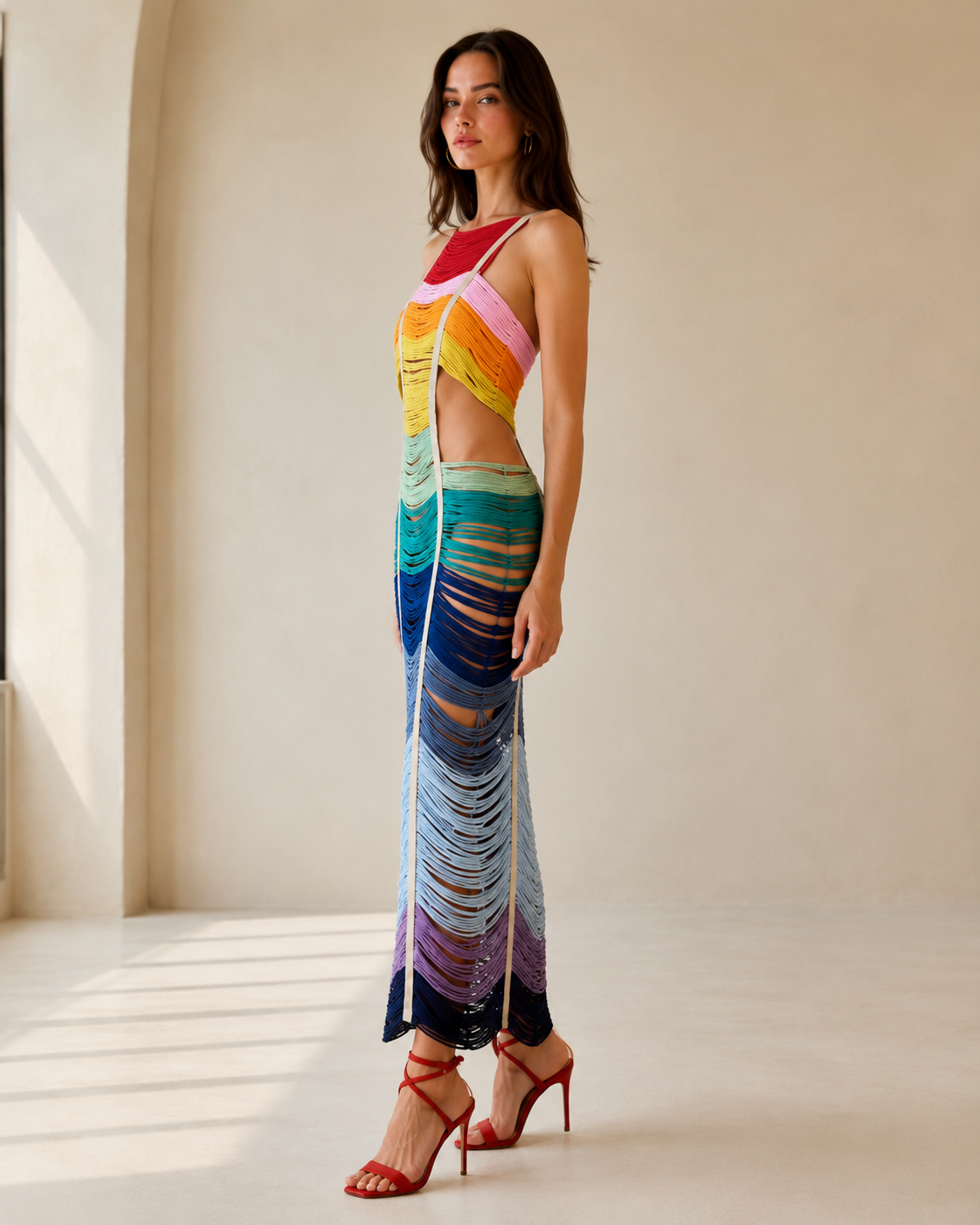 Side view of rainbow ombre sleeveless ruched cutout maxi dress