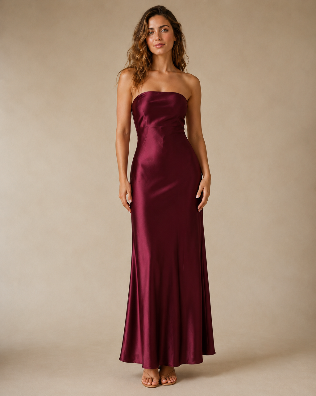 Front view of wine strapless satin-look maxi dress with elegant full length shape