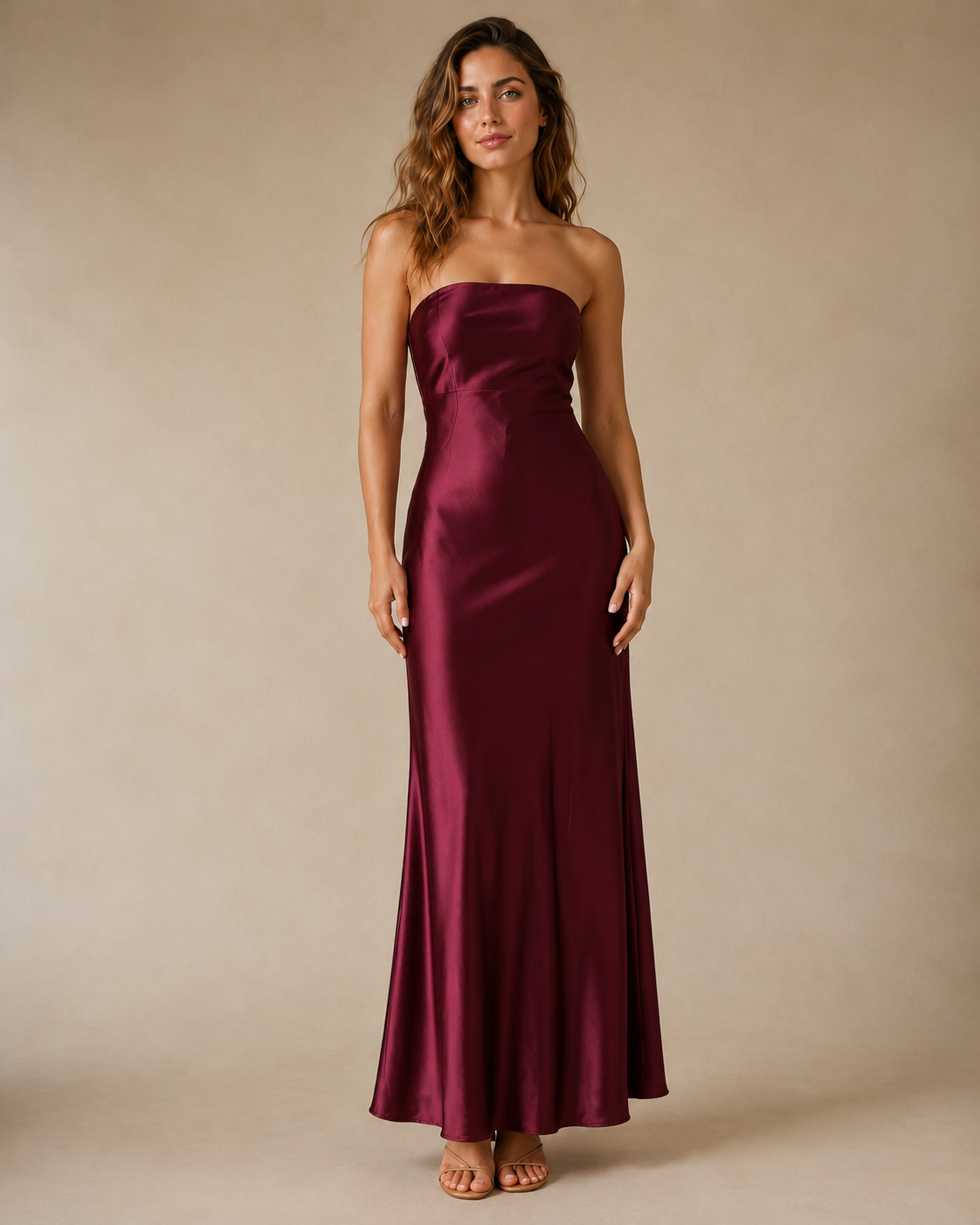 Front view of wine strapless satin-look maxi dress with elegant full length shape