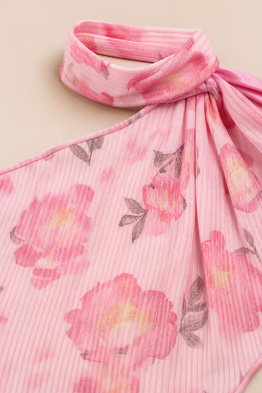 Close-up of fabric texture and choker neckline detail