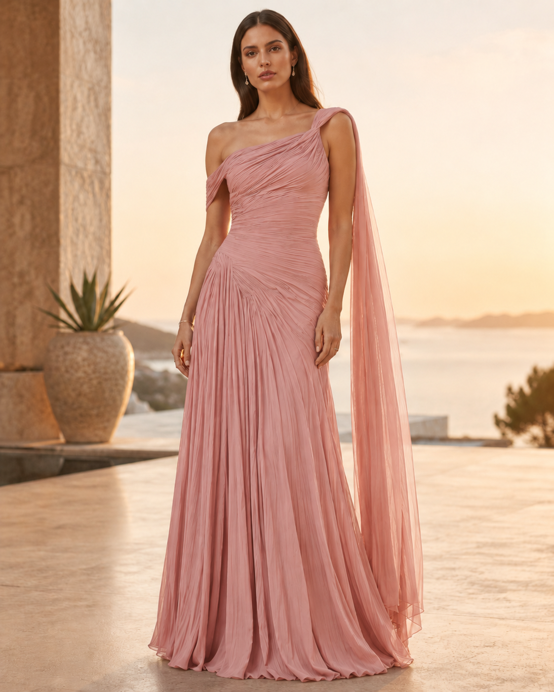 Blush pink one-shoulder pleated gown with fitted bodice and airy floor-length hem