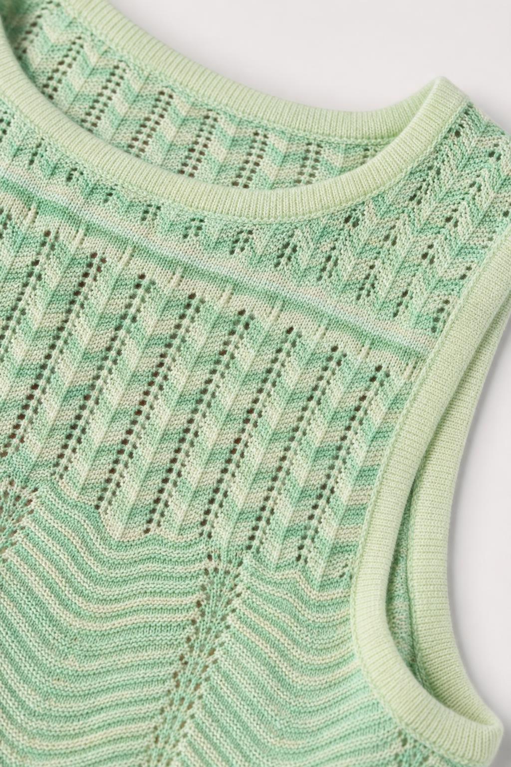 Close-up detail of mint green knit fabric, crew neckline, and open-stitch pattern