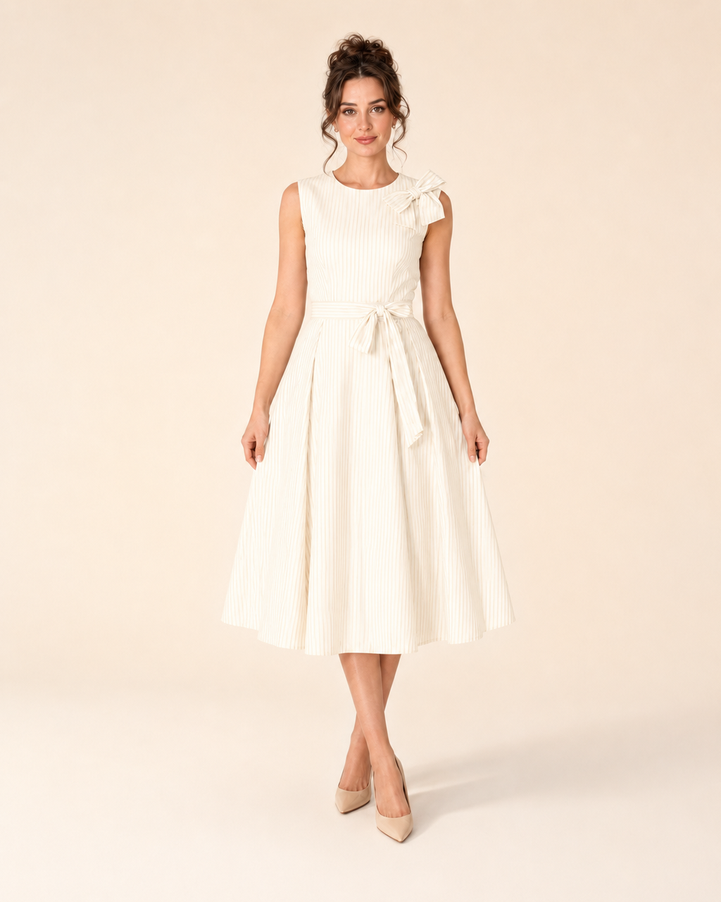 Front view of ivory sleeveless striped midi dress with shoulder bow and fit-and-flare silhouette