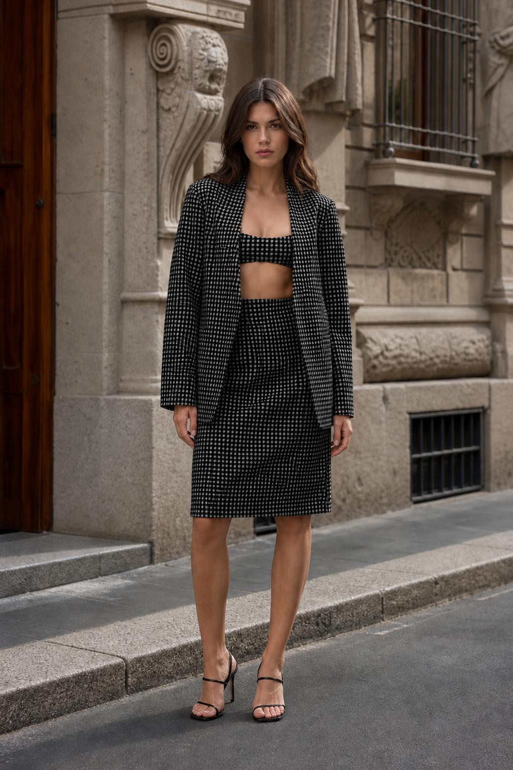Model wearing black houndstooth 3-piece matching set