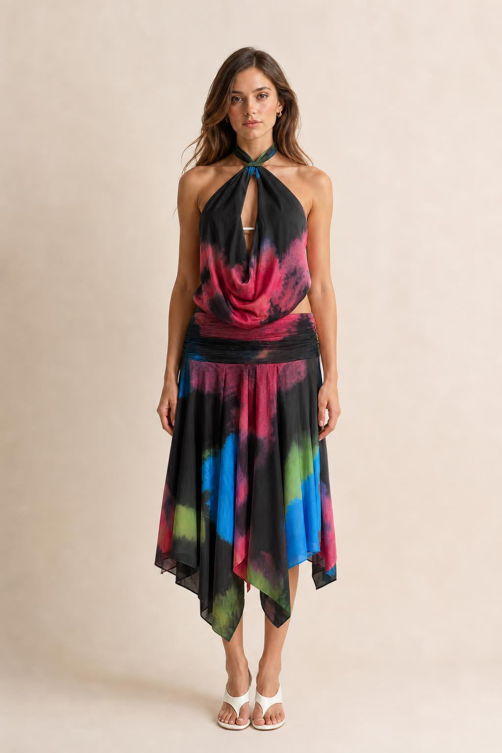 Front view of black tie-dye color variant