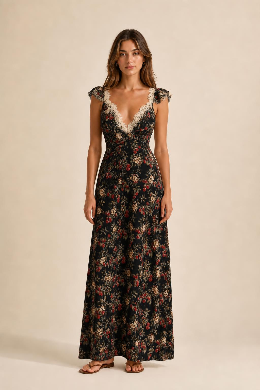 Front view of black floral print maxi dress