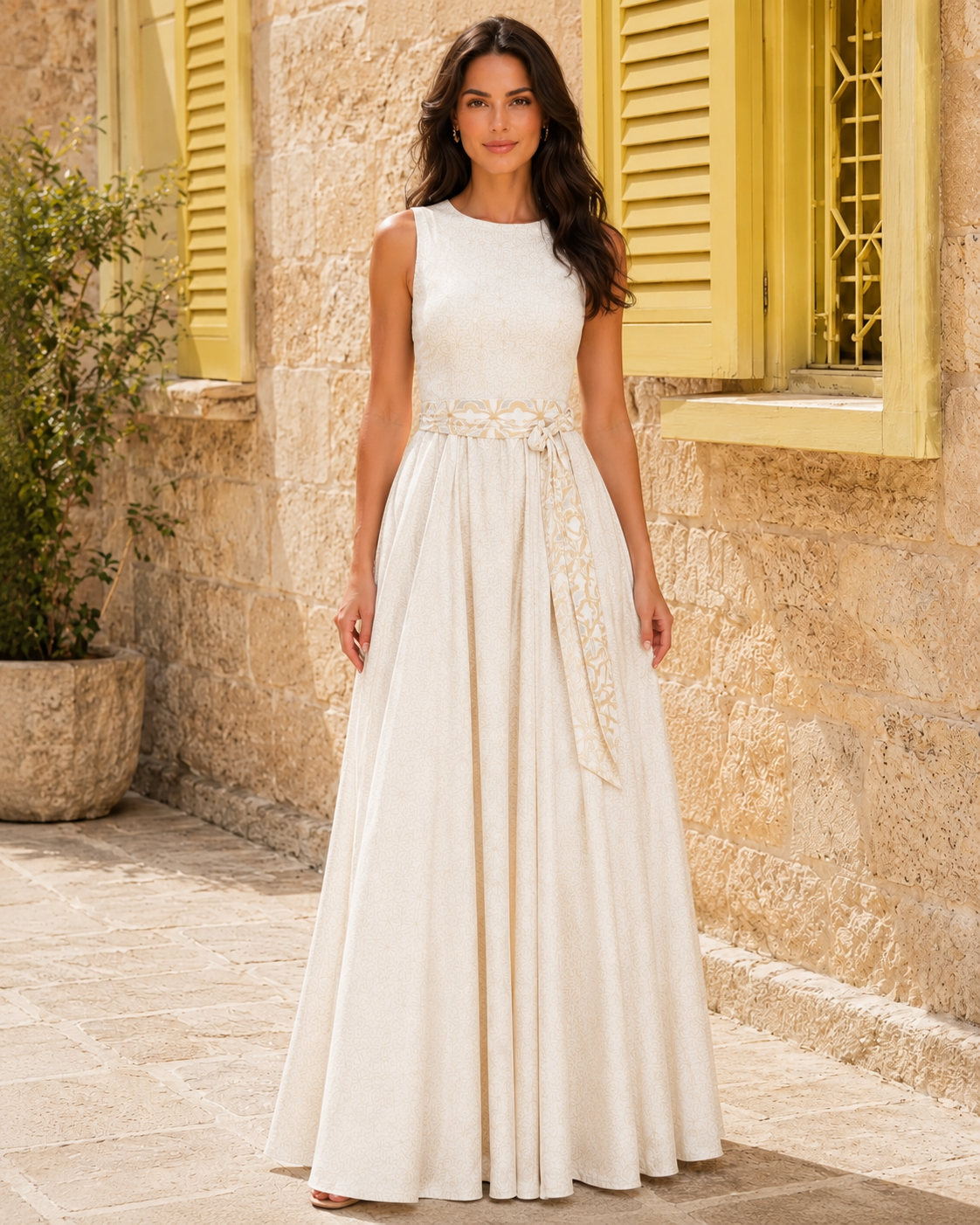 Front view of ivory sleeveless maxi dress with waist sash and full skirt