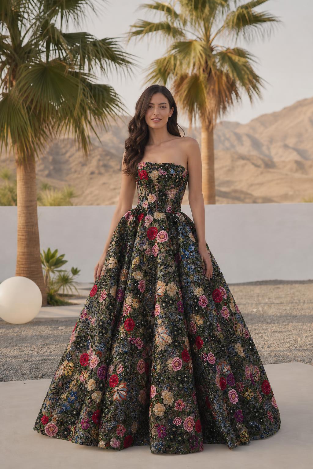 Front view of black multi floral embroidered evening dress