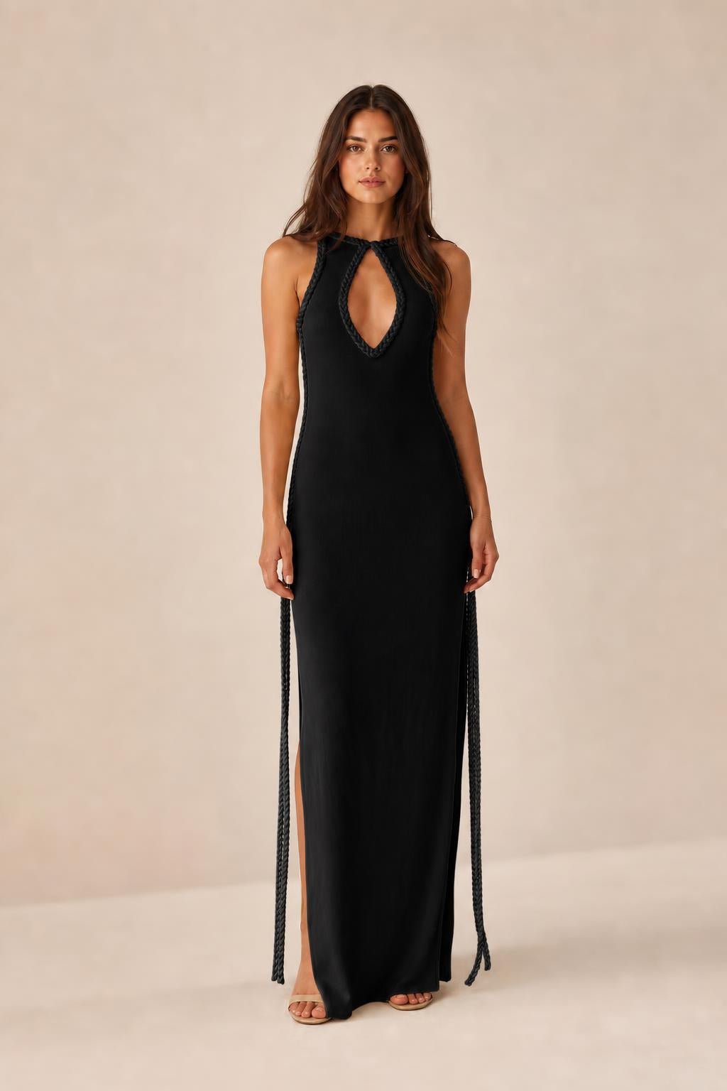 Front view of black color variant maxi dress