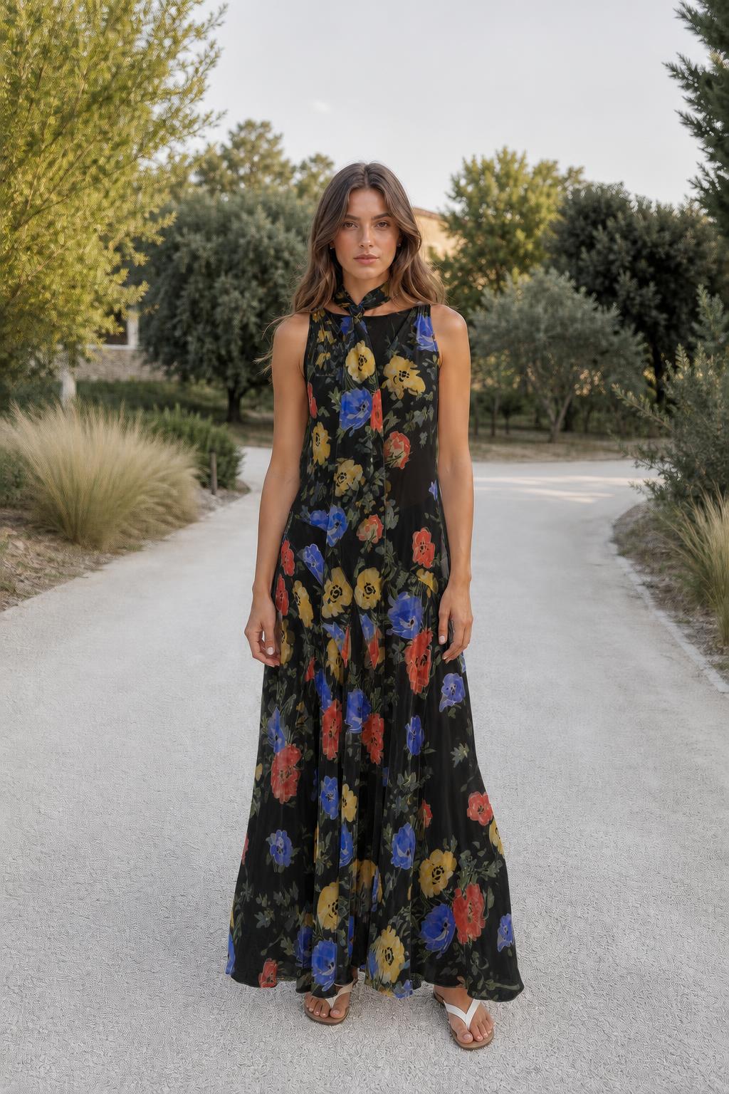 Model wearing black floral halter maxi dress outdoors