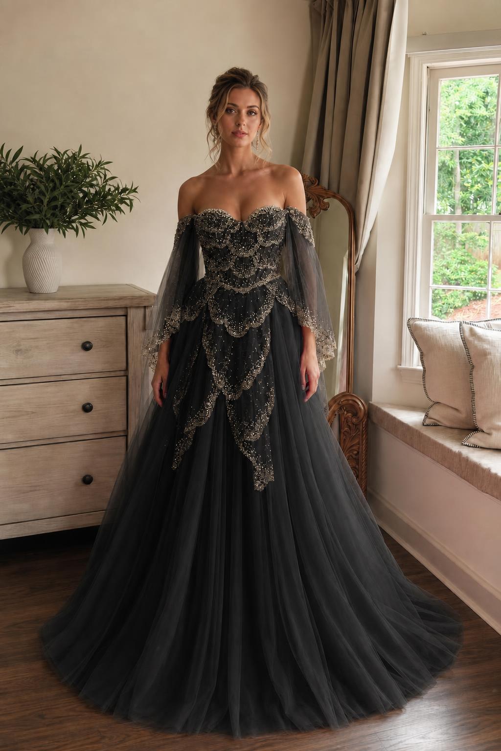 Black variant of the off-the-shoulder tulle ball gown