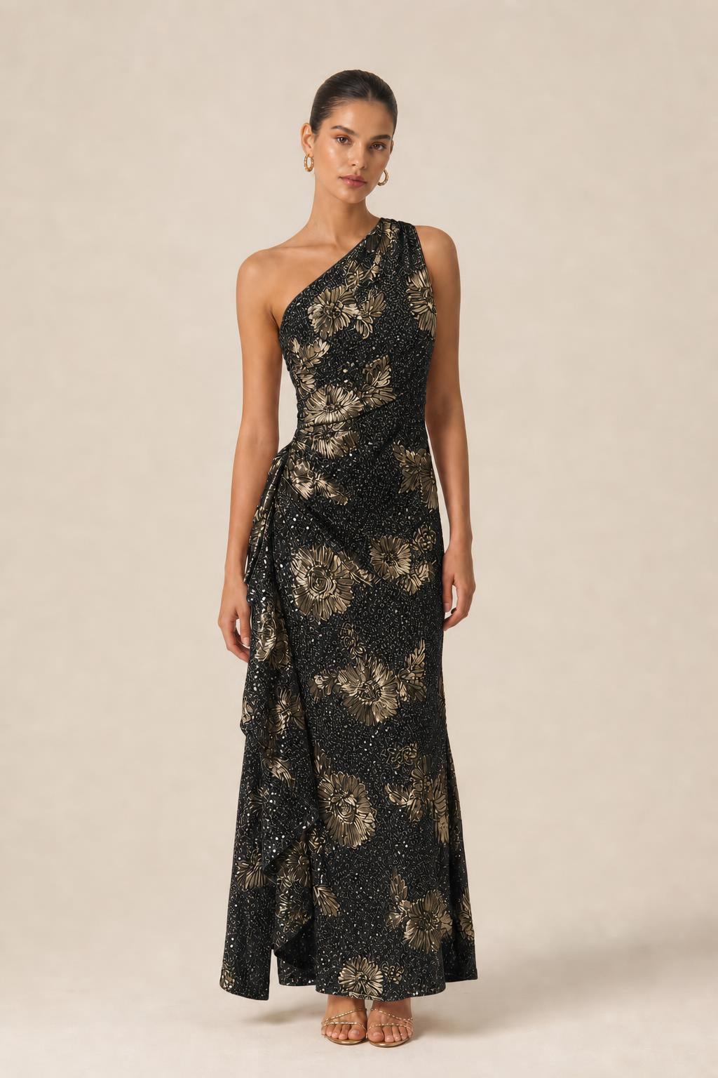Black color variant of one-shoulder floral sequin evening gown