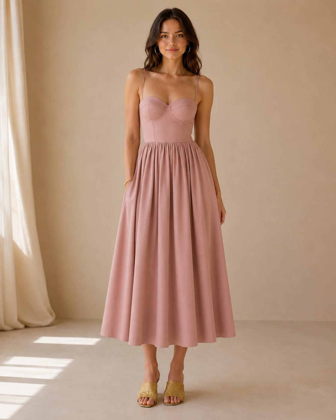 Dusty rose sweetheart midi dress with fitted bodice front view