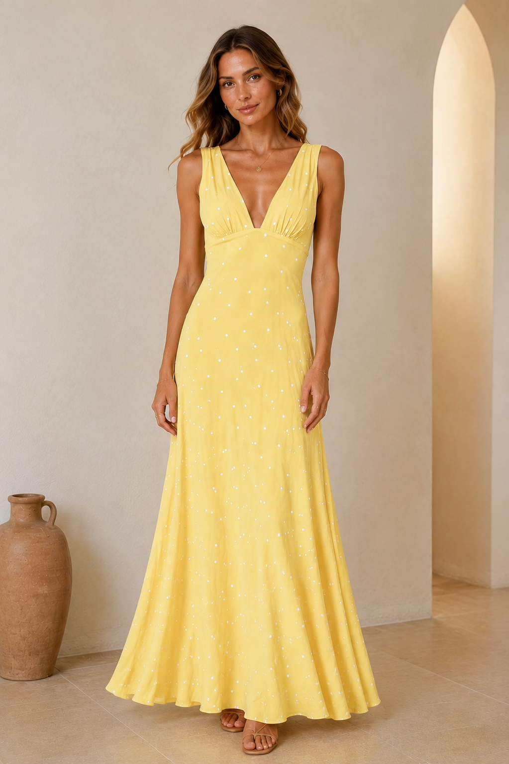 Butter yellow sleeveless deep V maxi dress with small dotted pattern front view