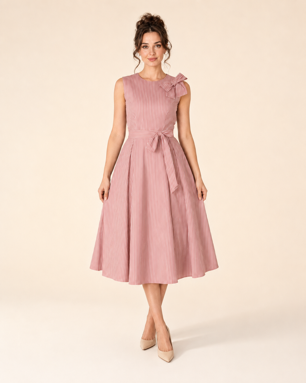 Front view of blush pink sleeveless striped midi dress with shoulder bow and midi skirt