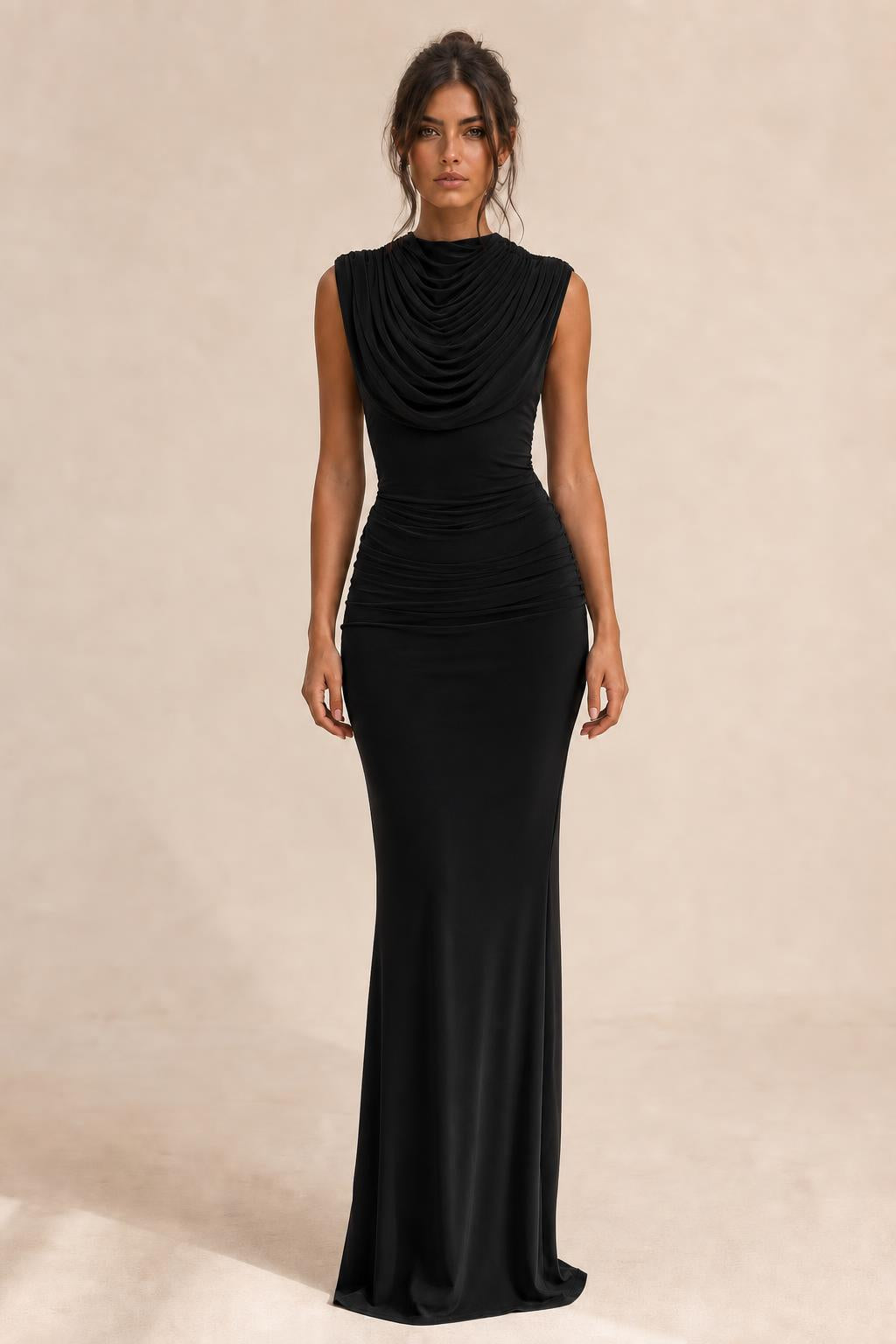 Front view of black draped sleeveless maxi dress