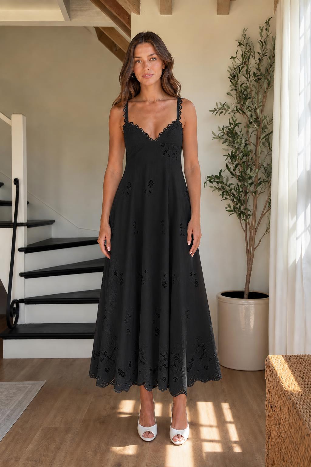 Elegance Embroidered Eyelet Midi Dress in Black
