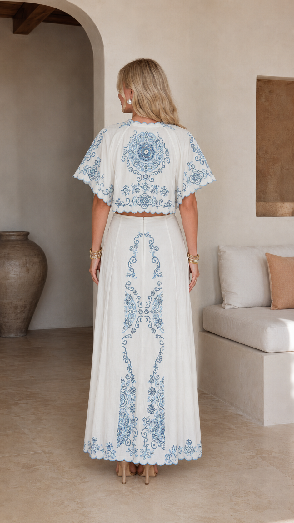 White and blue embroidered two-piece set back view