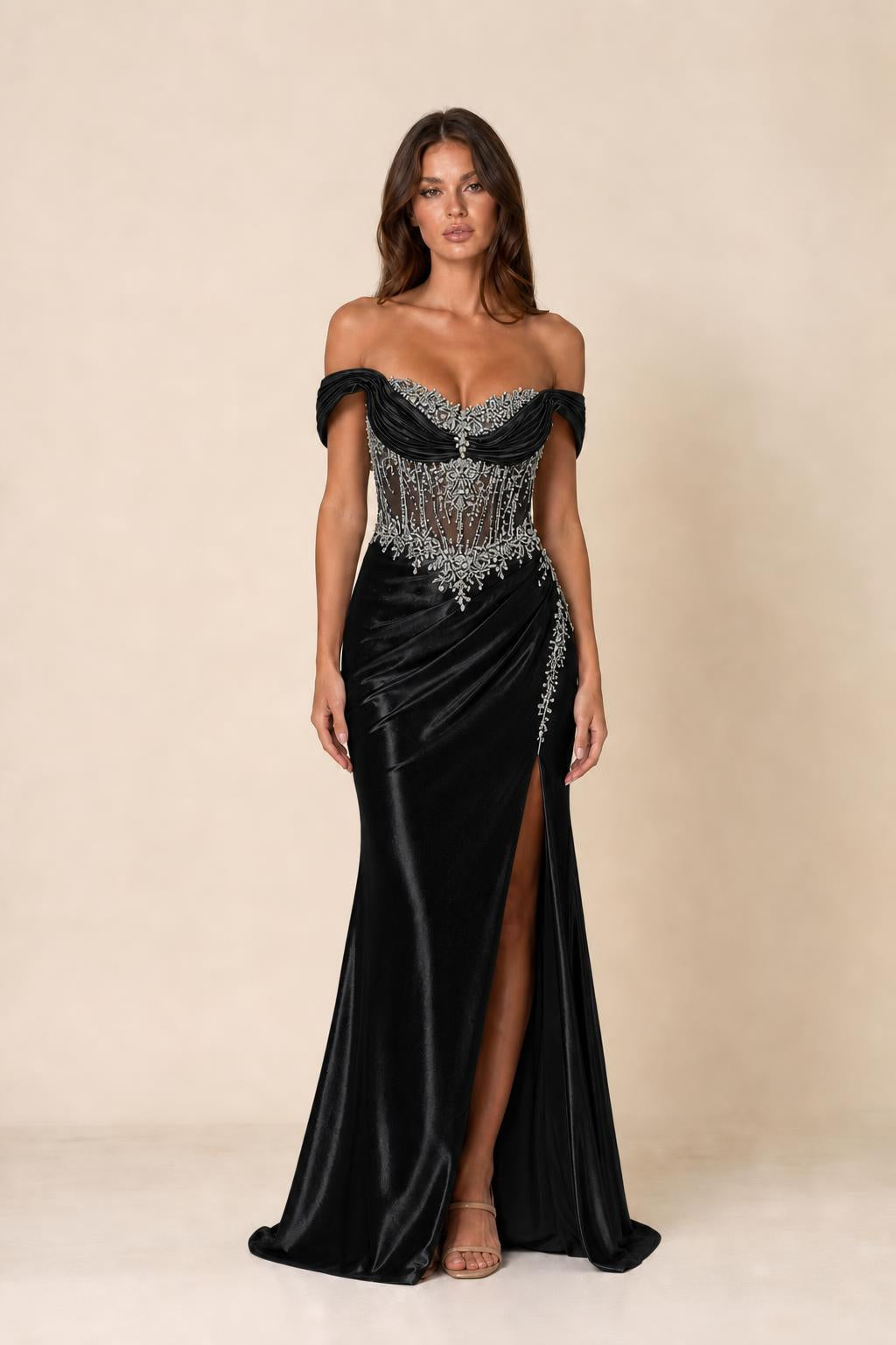 Front view of black color variant of off-shoulder evening gown