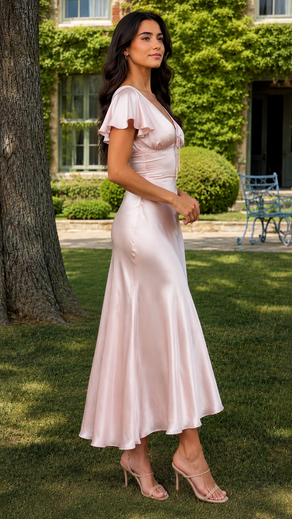 Side view of blush pink satin-style midi dress with flutter sleeves and midi hem