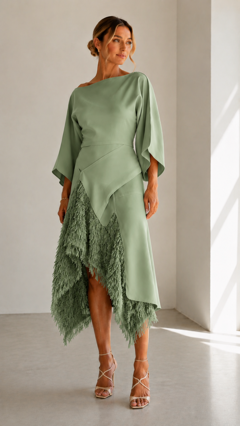 Sage green midi dress with cape sleeves and textured asymmetric hem